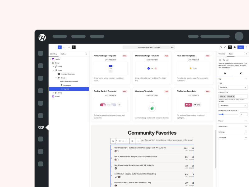 WP ULike button block and Top List in the WordPress editor