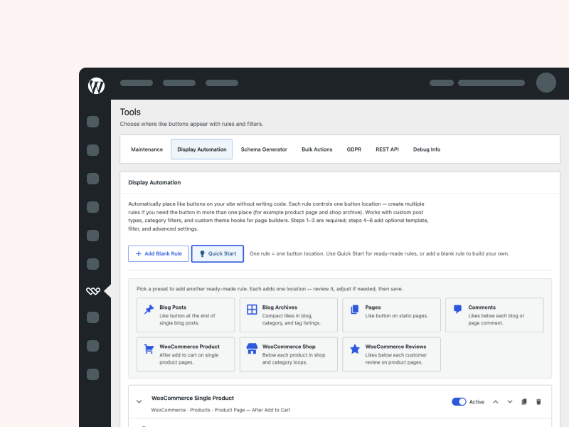 WP ULike Display Automation Quick Start presets for button placement