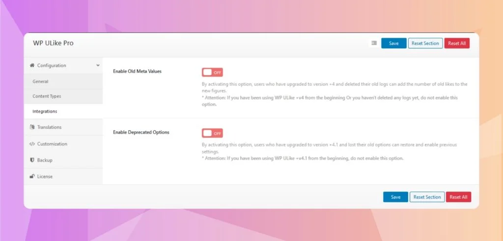 WP ULike Pro Settings : Content Types > integrations