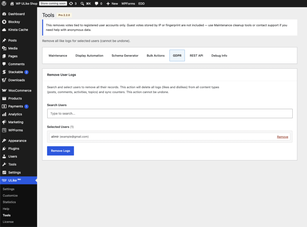 WP ULike Pro GDPR tools