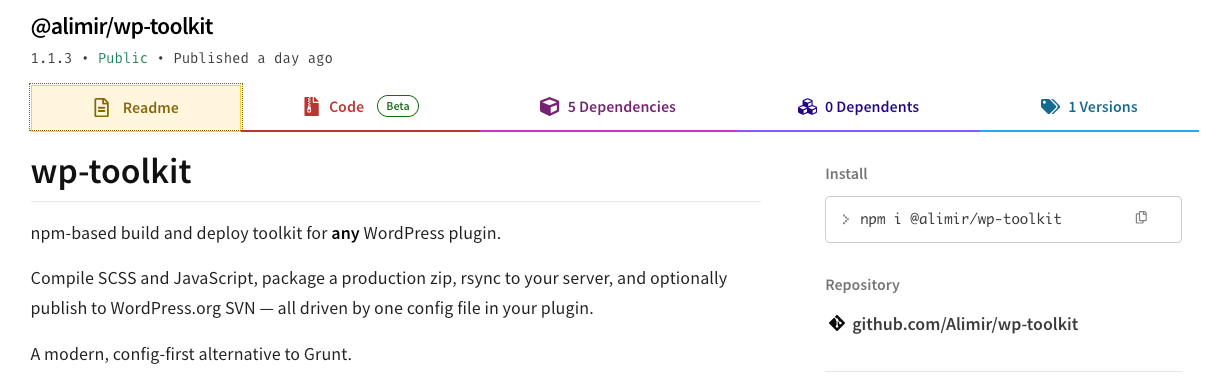 WordPress plugin build tool wp-toolkit npm package for plugin developers