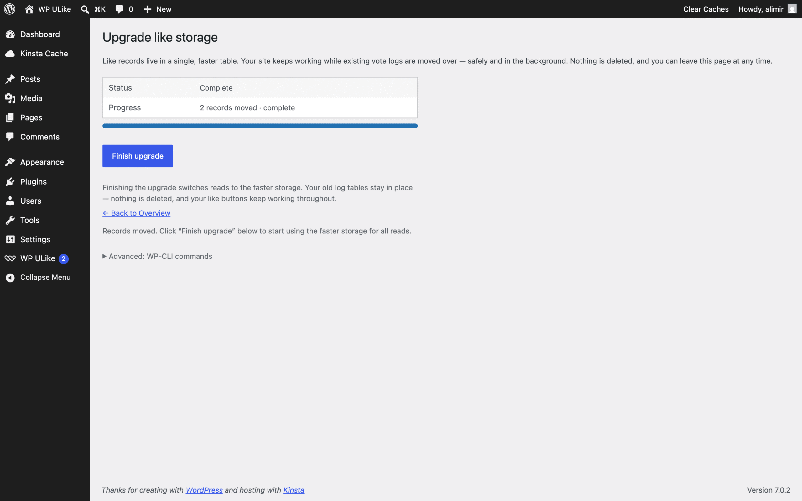 WP ULike Pulse storage upgrade screen for faster like storage